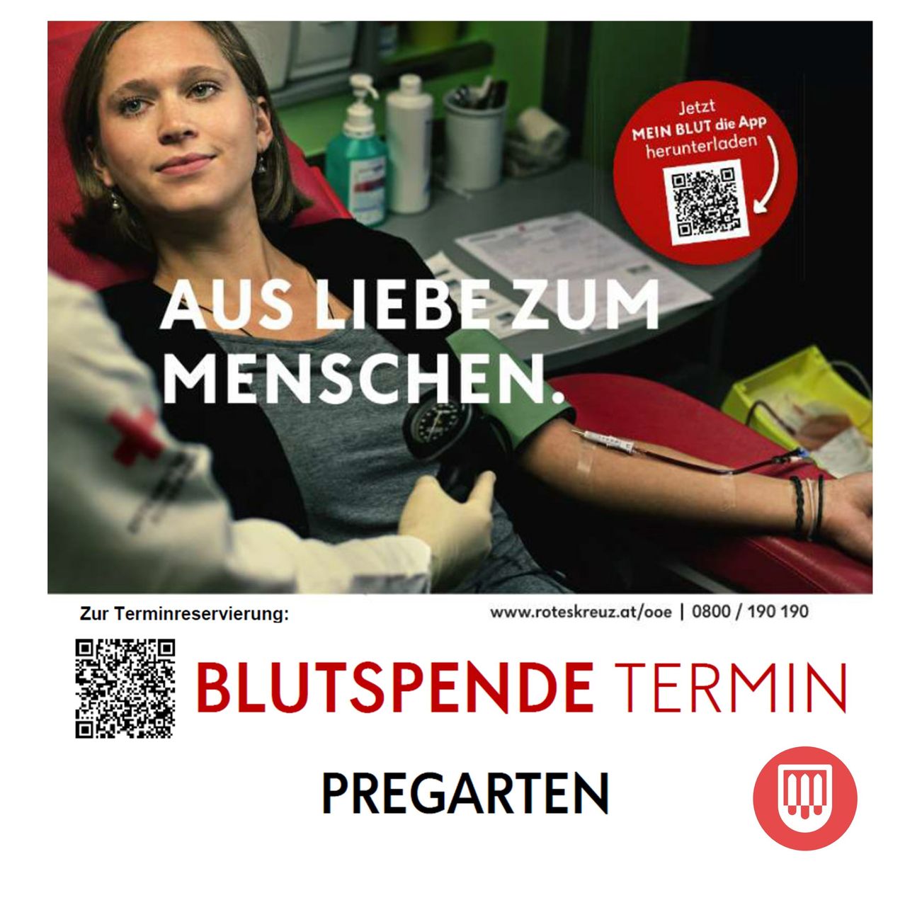 Eine Werbung für Blutspende mit einer Frau, die sitzt und sich das Blut abnehmen lässt. Ein QR-Code ist abgebildet. Der Text lautet Blutspende Termin Pregarten.