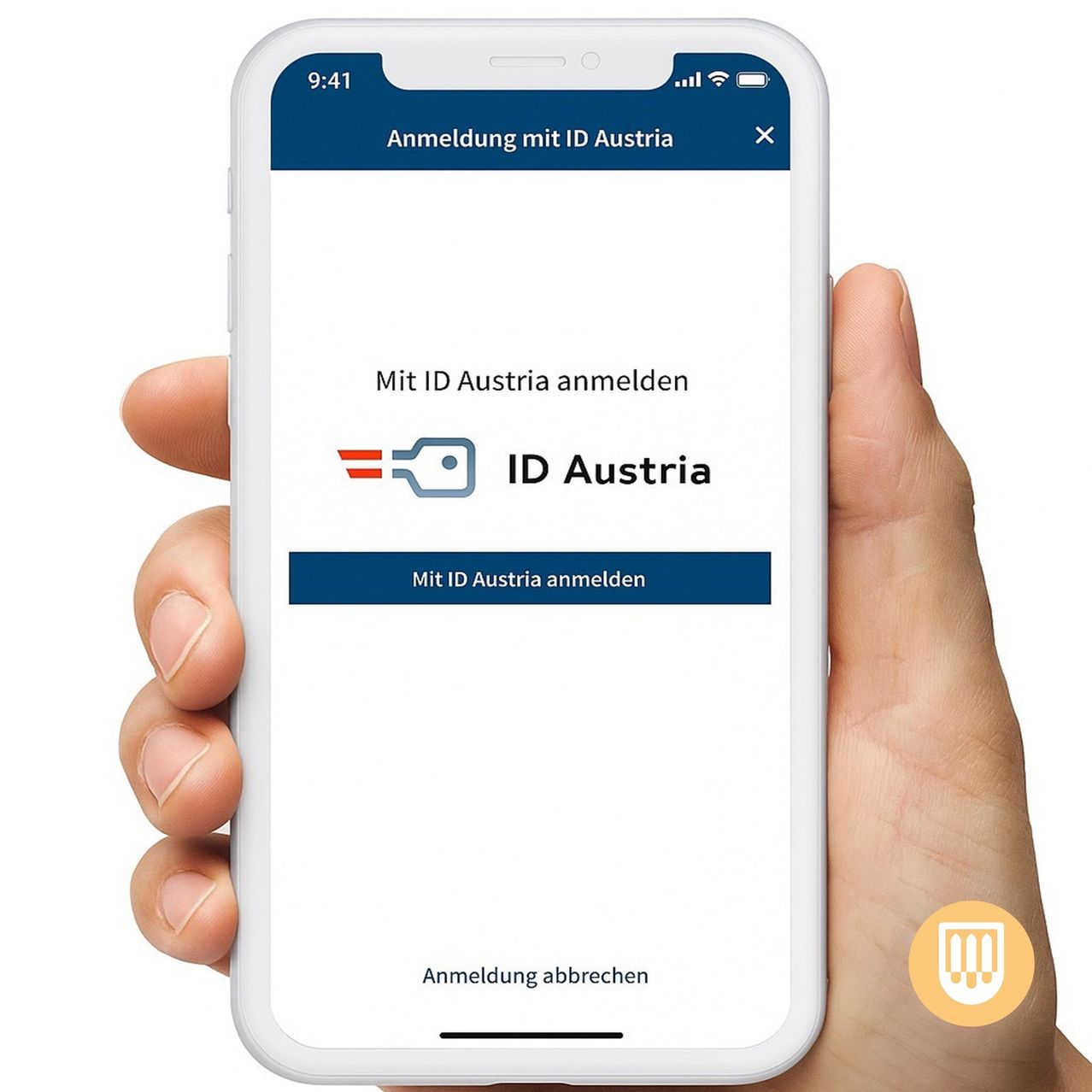 Eine Hand hält ein Smartphone, das einen Registrierungsbildschirm für ID Austria anzeigt. Es zeigt eine Option an, sich mit ID Austria zu registrieren. Der Bildschirm ist weiß mit blauen Akzenten.