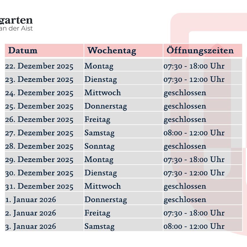 Das Bild zeigt den Zeitplan für die Öffnungszeiten eines Gartens. Es umfasst Termine von Dezember 2025 bis Januar 2026, mit Wochentagen und entsprechenden Öffnungszeiten. Geschlossene Tage sind vermerkt.