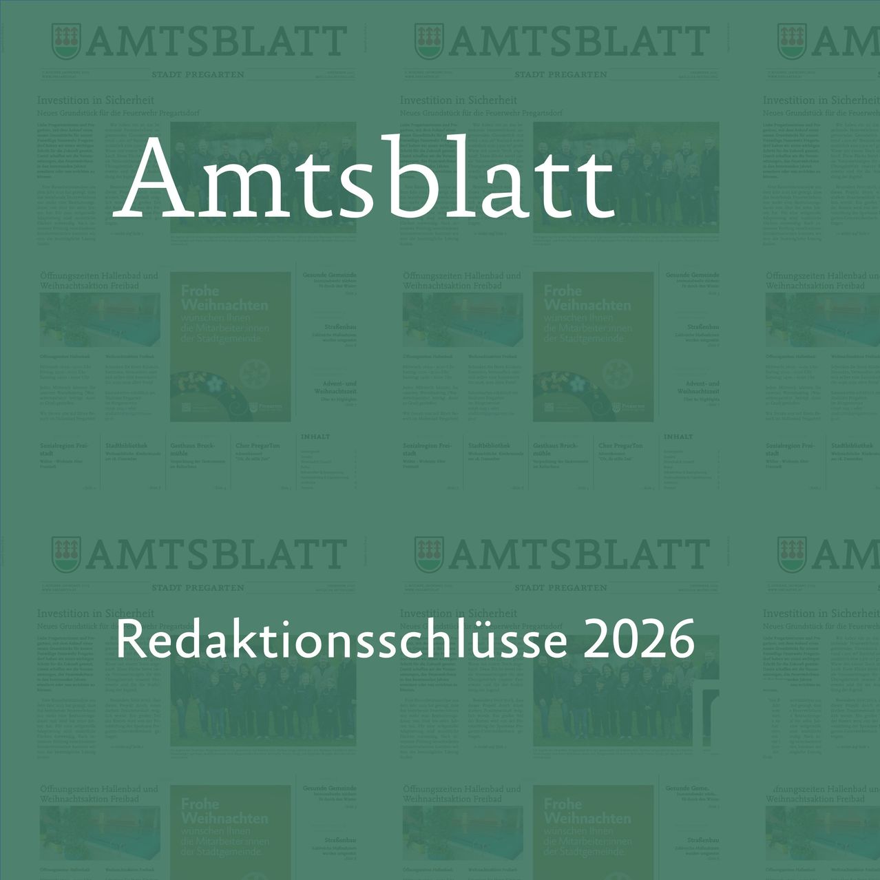 Eine grüne Seite zeigt den Titel 'Amtsblatt' oben. Darunter steht der Text 'Redaktionsschlusse 2026'. Darunter befinden sich verschiedene Bilder von Menschen und Logos.