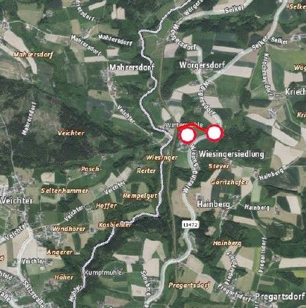 A map shows a location in Austria with several roads and villages, including Mahrersdorf, Wörgersdorf, and Hainberg. Two locations are highlighted with red circles, possibly indicating points of interest or events.