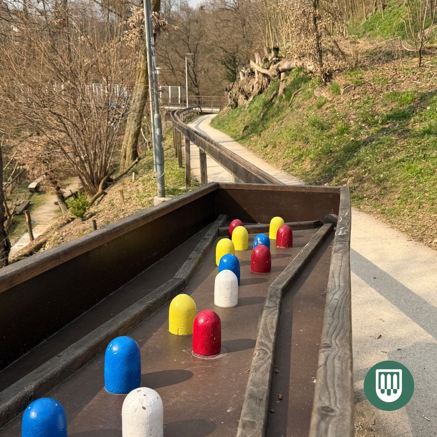 Outdoor-Bahn mit bunten Kappen in einem Park. Holzbarrieren auf beiden Seiten. Ein Metallgeländer grenzt die Bahn ab. Der Hintergrund zeigt einen Hügel mit Grün.