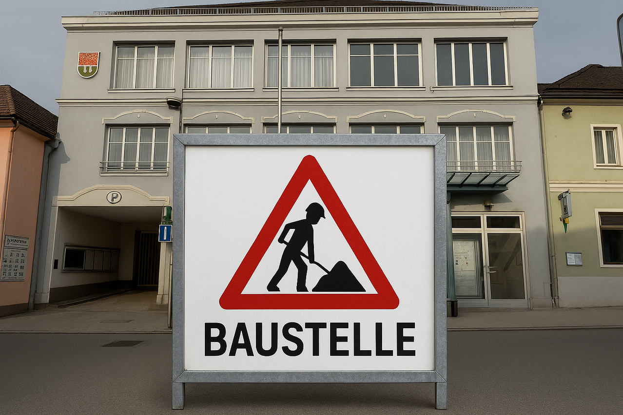 Ein Schild mit einer Silhouette eines Bauarbeiters und dem Wort Baustelle steht vor einem Gebäude.
