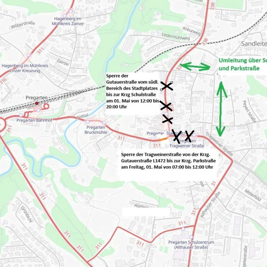 Karte zeigt eine Straßensperrung von Gutausersterasse bis Krz Schulstrasse, ab 1. Mai von 12:00 bis 20:00 Uhr. Eine weitere Straßensperrung auf Tragweinerstrasse von Gutausersterasse L1472 bis Krz Parkstrasse, am 1. Mai von 07:00 bis 12:00 Uhr.