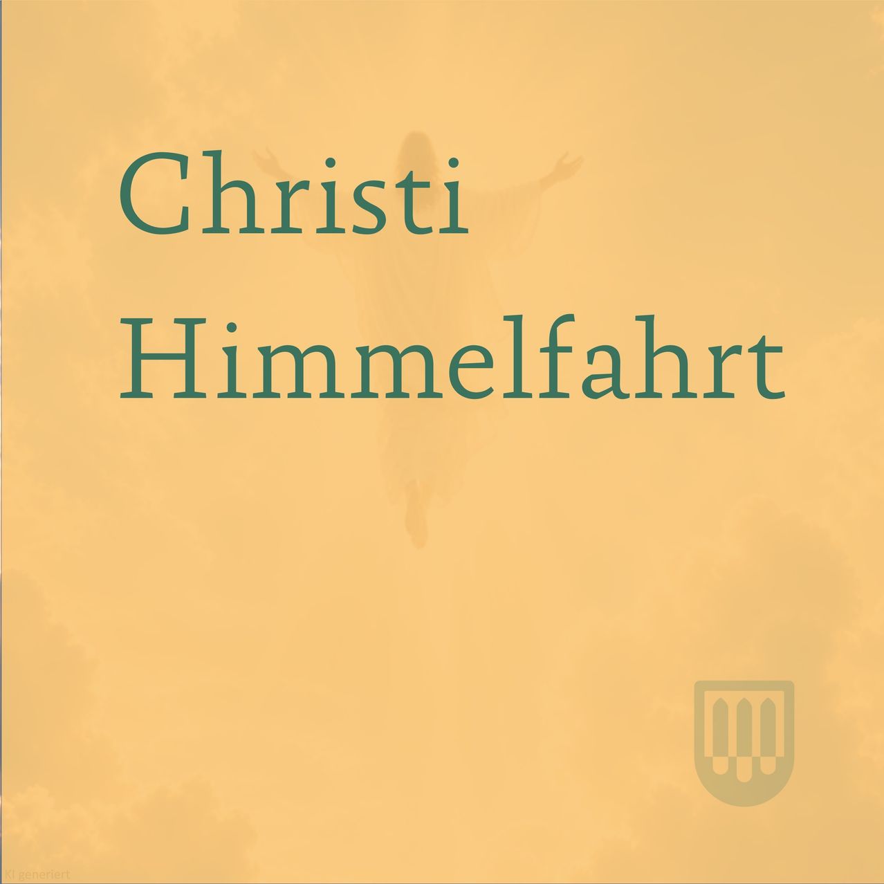 Ein Bild mit dem Titel 'Christi Himmelfahrt' zeigt einen gelben Hintergrund mit Text in der Mitte. Der Text 'Christi Himmelfahrt' ist in grüner Schrift. Im Hintergrund befindet sich eine Silhouette einer Person.