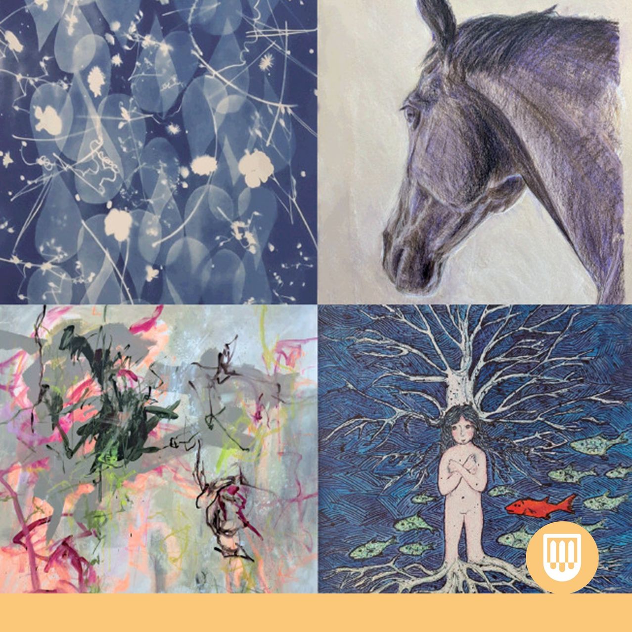 Vier Kunstwerke in einer Reihe: abstraktes Blau, Pferdeskizze, abstrakte Figuren und ein Kind, das im Wasser mit Fischen steht.