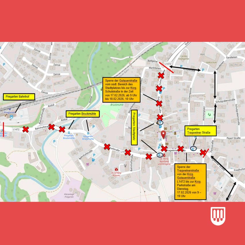 A map highlights the Sperre der Gutenbergstraße from Schulßtraße to Krüz Gutenbergstraße on 17.02.2026, 9am to 6pm, and Sperre der Tragweinerstraße from Krüz Gutenbergstraße to Krüz L1472 on 17.02.2026, 9am to 5pm.