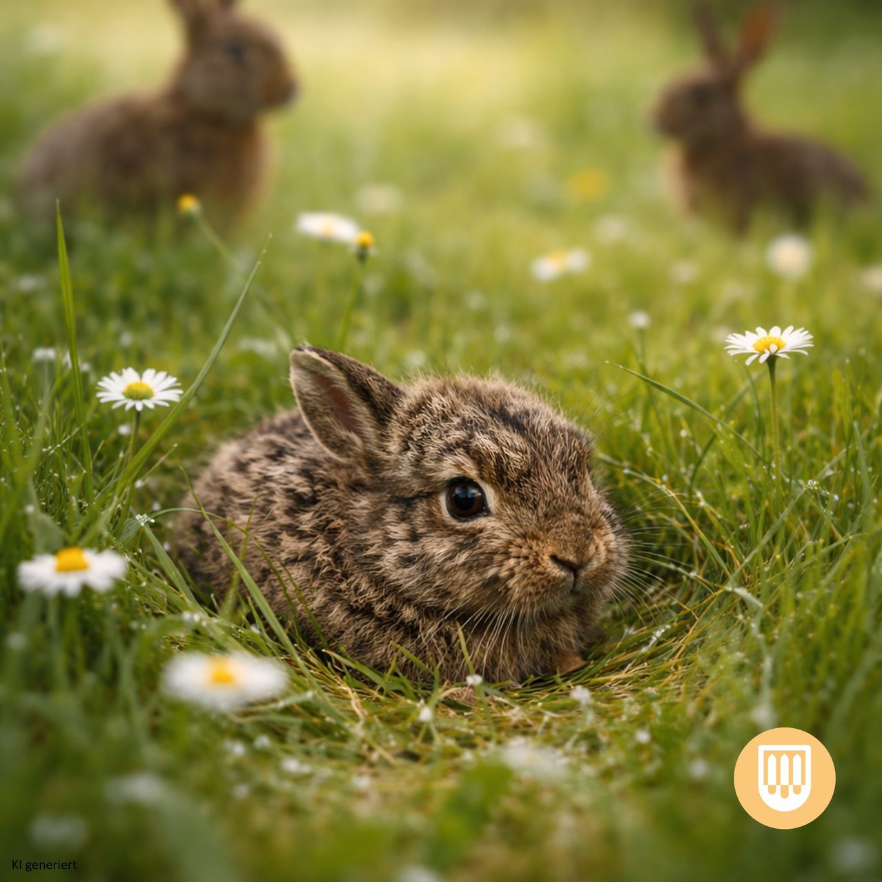 Ein kleines braunes Kaninchen sitzt in einem Grasfeld mit Blumen, während zwei weitere Kaninchen im Hintergrund sind.