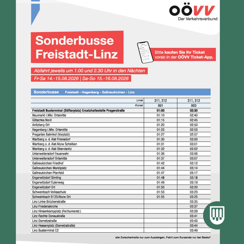 A special bus schedule for the route from Freistadt to Linz, operating on specific dates and times. The schedule includes departure times from various stops.