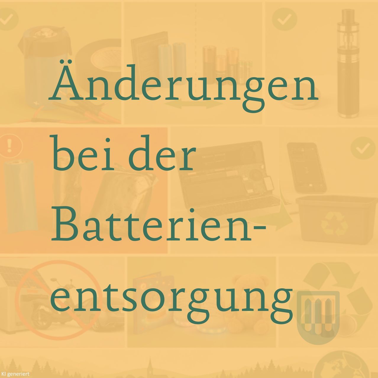 A collage of images related to battery disposal, featuring a trash can, a recycling symbol, and various electronic items. The text overlay reads 'Anderungen bei der Batterie-entsorgung' in German.