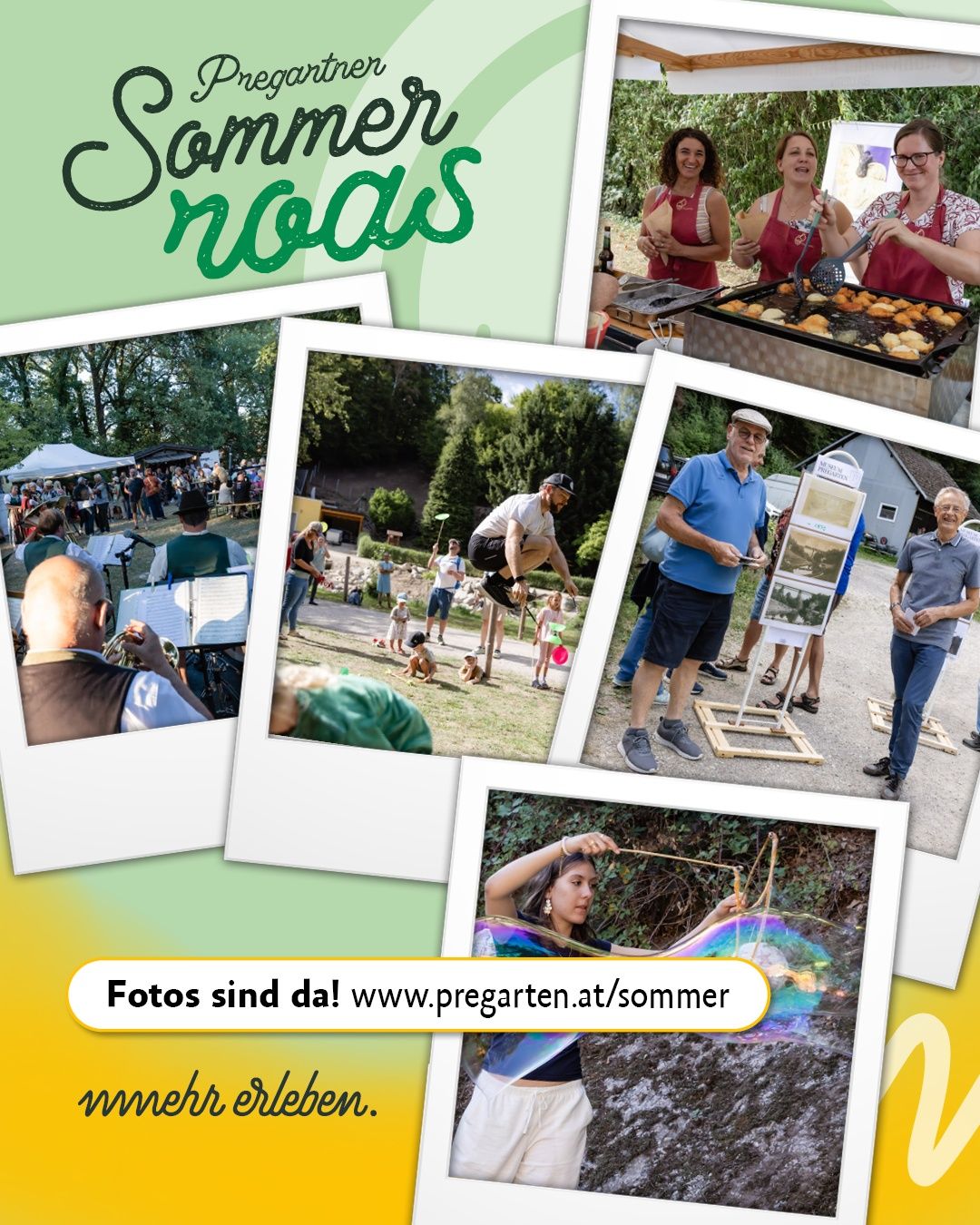 Eine Collage von Sommeraktivitäten, darunter eine Band, eine Person, die springt, ein Mann, der kocht, und eine Frau, die Seifenblasen bläst. Die Collage hat einen gelben Rand.