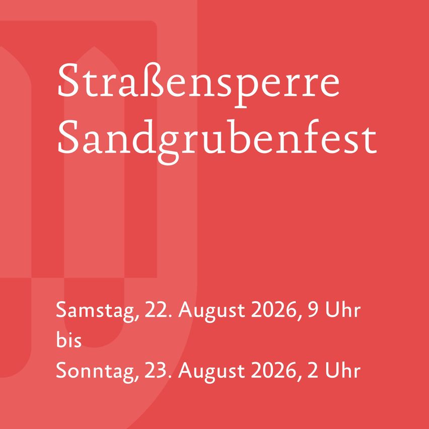 A red poster advertises the StraBensperre Sandgrubenfest, scheduled from Saturday, August 22, 2026, 9 AM to Sunday, August 23, 2026, 2 PM.