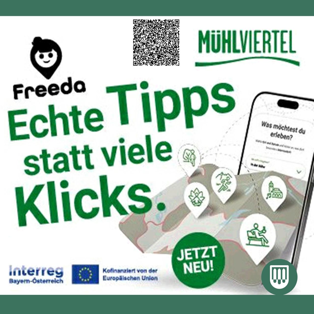 An advertisement for 'Freeda' featuring a map with various icons and a smartphone with a QR code, promoting 'Echte Tipps statt viele Klicks'. The text is in green and white, with a green border and icons.