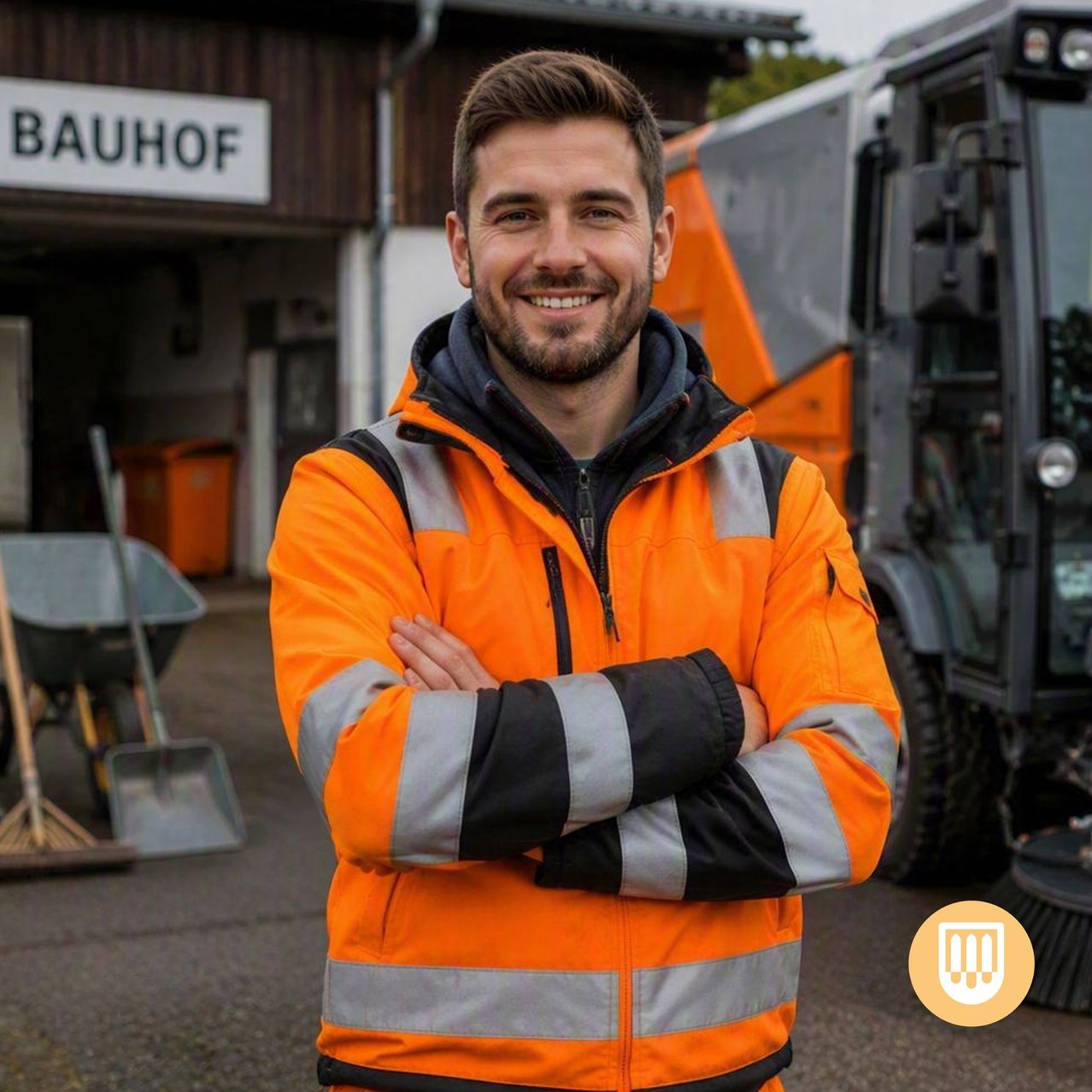 Ein Mann in einer orangefarbenen Sicherheitsjacke steht mit verschränkten Armen vor einem Gebäude mit der Aufschrift 'Bauhof' und einem Fahrzeug.