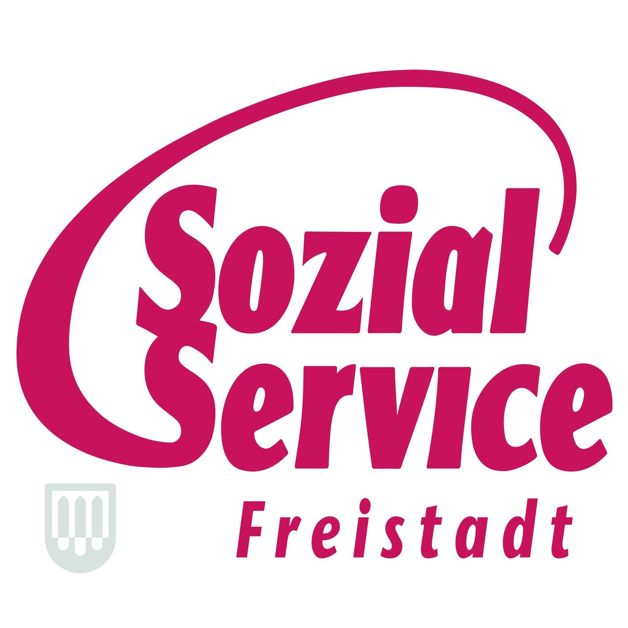 Das Logo für 'Sozial Service Freistadt' zeigt einen rosafarbenen, stilisierten Textdesign mit einem weißen Umriss. Darunter befindet sich ein graues Logo.