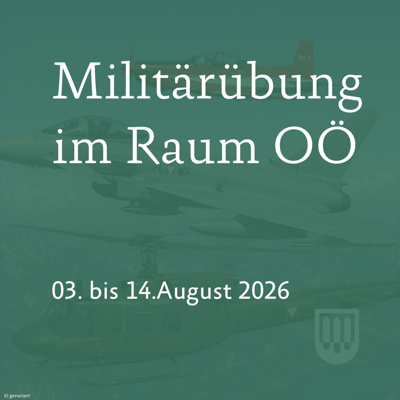 Plakat für eine Militärausstellung im Weltraum, mit Kampfjets und Hubschraubern vor einem grünen Hintergrund, mit den Daten vom 3. März bis 14. August 2026, prominent angezeigt.