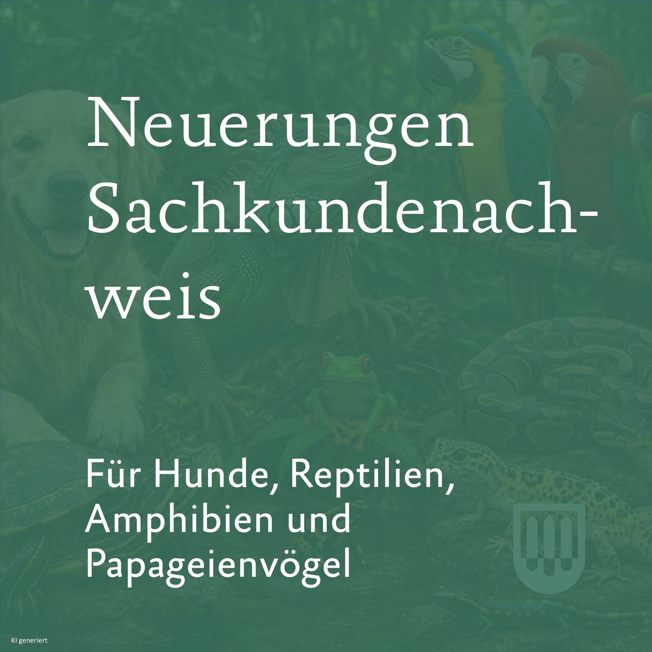 Eine Werbung für Haustierbedarf, die verschiedene Tiere wie Hunde, Papageien und Frösche zeigt, mit dem Text 'Neuerungen Sachkundenach-weis' in Deutsch.