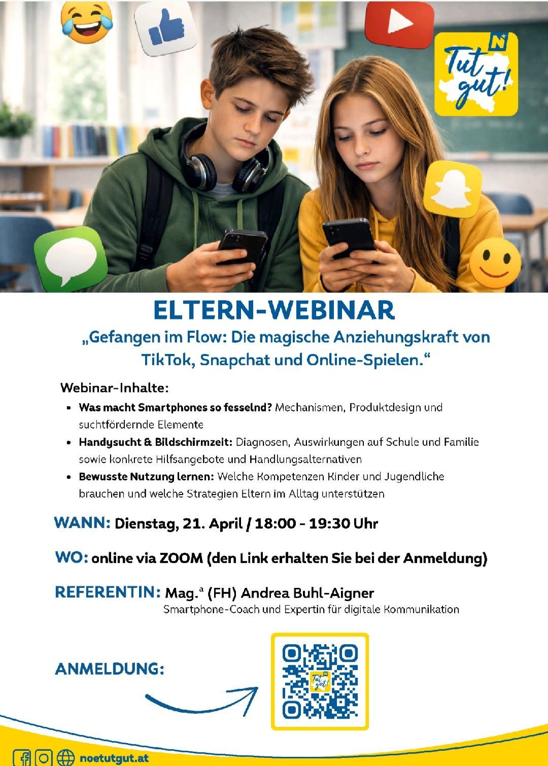 Two teens, a boy and a girl, are using their smartphones, likely in a classroom setting. The image highlights a parent webinar on the captivating appeal of TikTok, Snapchat, and online games. The webinar covers smartphone mechanisms, product design, and addictive elements.