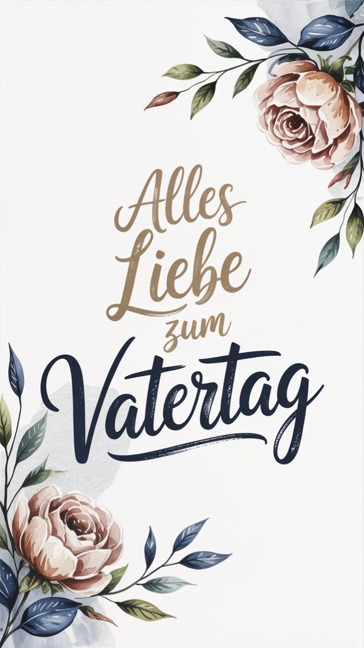 Ein florales Design mit 'Alles Liebe zum Vatertag' in dekorativer Schrift, umgeben von Blättern und Blumen auf weißem Hintergrund.