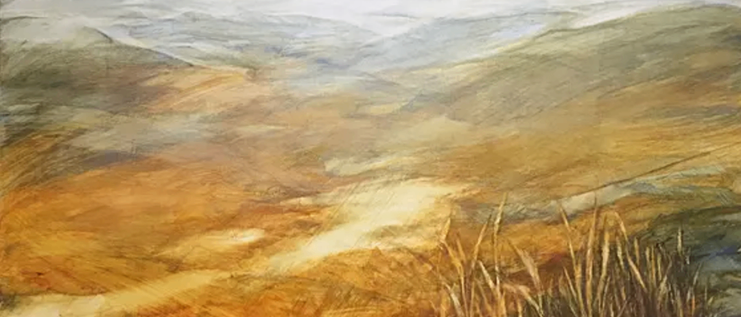 Ölgemälde eines goldenen Feldes mit einem Pfad, der zum Horizont unter einem bewölkten Himmel führt.