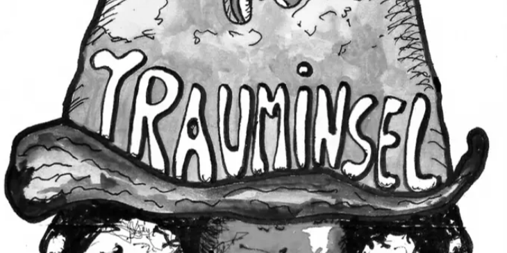 Eine handgezeichnete Illustration eines Hutes mit dem Wort 'Trauminsel', versehen mit Schmetterlingen und einem lächelnden Gesicht.