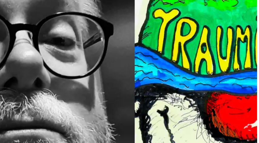 Ein alter Mann mit Brille und Bart ist in einem Schwarz-Weiß-Foto zu sehen, und eine farbenfrohe Zeichnung eines Clowns mit dem Wort 'TRAUM' darauf.