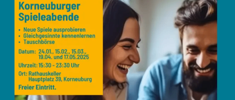 Ein Plakat für einen Spieleabend, organisiert von einem lokalen Verein. Das Plakat zeigt zwei lächelnde Personen, die ein Brettspiel spielen. Datum, Ort und kostenloser Eintritt sind aufgeführt. Der Titel 'Spielabende' steht in großen Buchstaben.