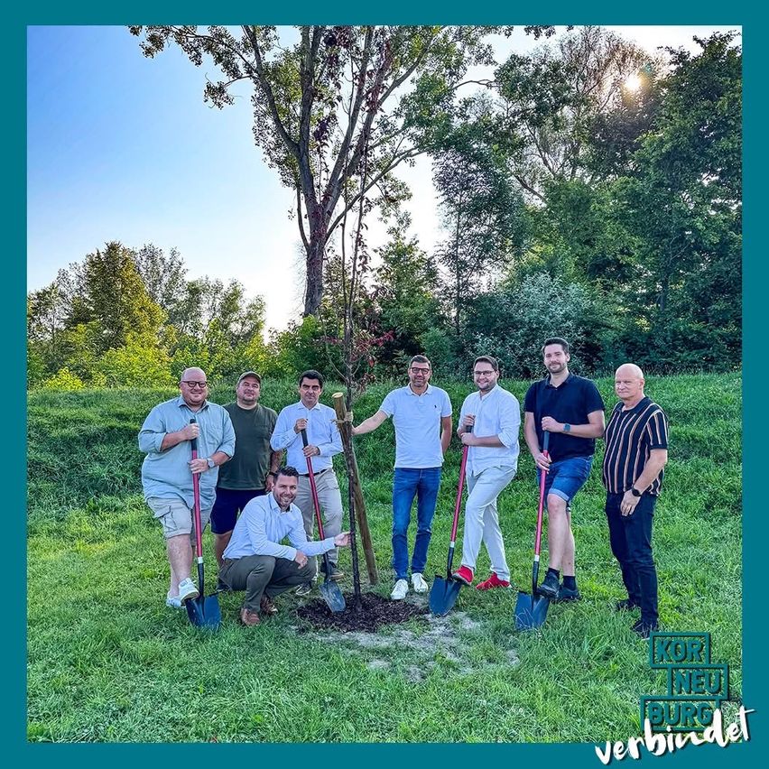 Sieben Männer stehen in einer Reihe und pflanzen einen Baum, umgeben von einem Grasfeld mit Bäumen und einem blauen Rand.