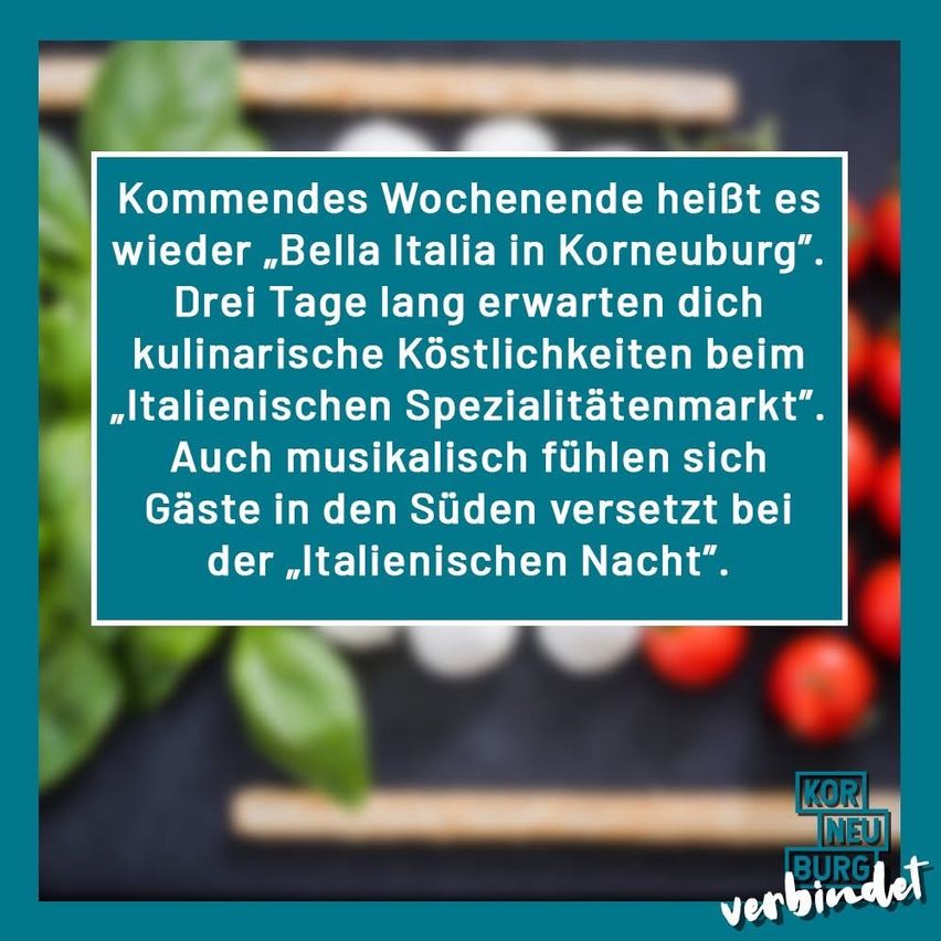 Kommendes Wochenende heißt es wieder ‚Bella Italia in Korneuburg‘. Drei Tage lang erwarten dich kulinarische Köstlichkeiten beim ‚Italienischen Spezialitätenmarkt‘. Auch musikalisch fühlen sich Gäste in den Süden versetzt bei der ‚Italienischen Nacht‘.