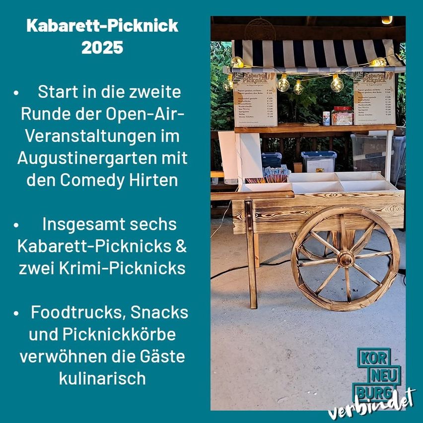 Ein Plakat bewirbt das Kabarett-Picknick 2025 mit sechs Kabarett-Picknicks und zwei Krimi-Picknicks im Augustinergarten. Das Bild zeigt einen Holzwagen mit einer Speisekarte und verschiedenen Essensartikeln. Food Trucks, Snacks und Picknickkörbe erfreuen die Gäste.