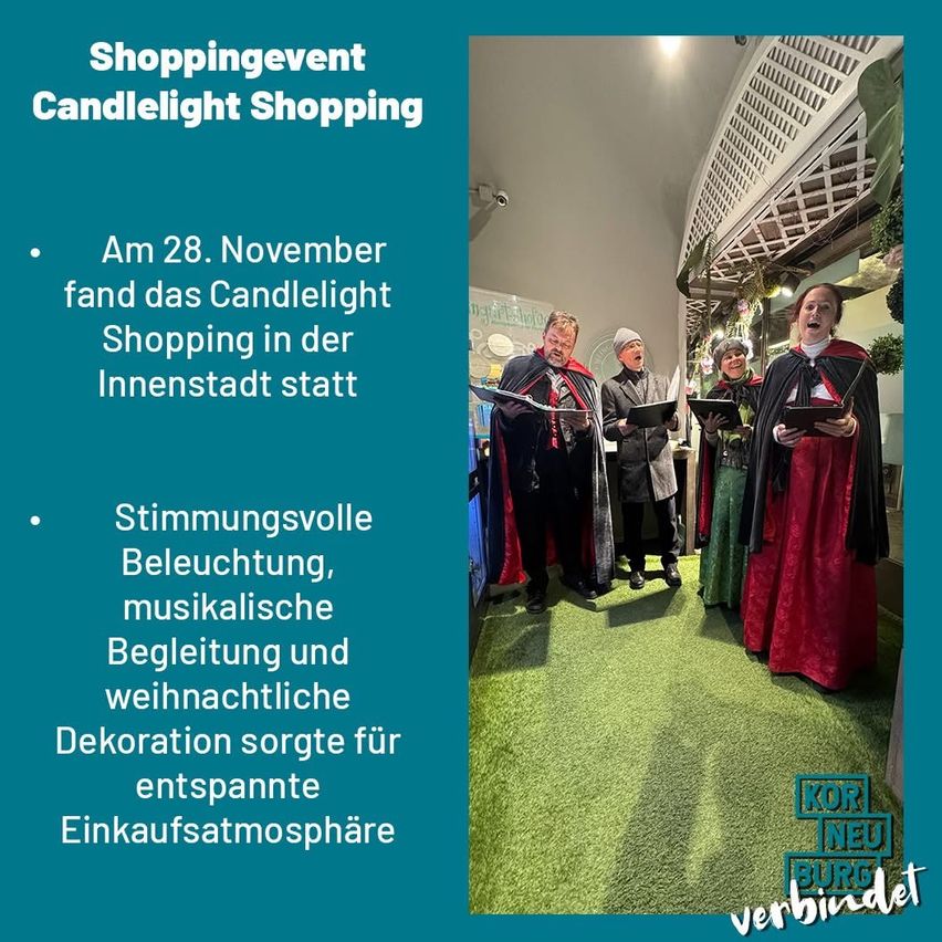 Plakat für Candlelight Shopping am 28. November. Gruppe von Menschen in Kostümen singt auf einem grünen Teppich. Die Veranstaltung findet in der Innenstadt statt.