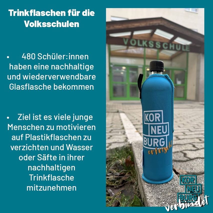 Ein Bild einer blauen wiederverwendbaren Flasche mit dem Namen 'Kor Neuburg' vor einem Schulgebäude. 480 Schüler haben eine nachhaltige und wiederverwendbare Glasflasche erhalten. Das Ziel ist es, viele junge Menschen zu motivieren, Plastikflaschen zu vermeiden und Wasser oder Säfte in ihrer nachhaltigen Trinkflasche mitzunehmen.