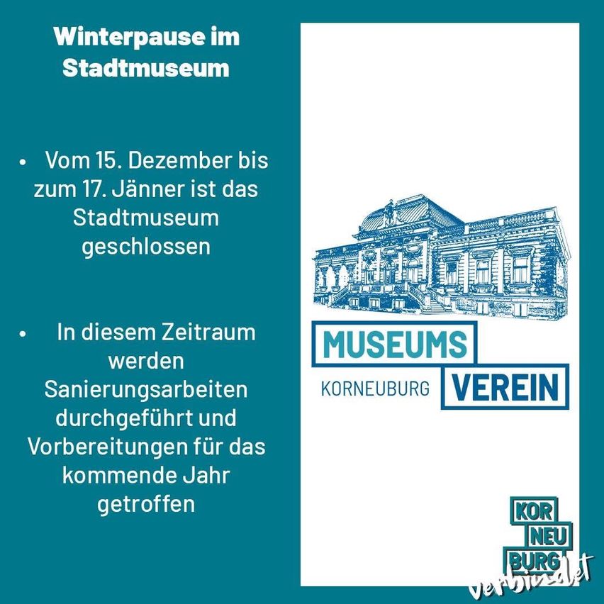 Blaues Poster mit weißem Text und einer Illustration eines Gebäudes. Es wird angegeben, dass das Stadtmuseum vom 15. Dezember bis 17. Januar für Wartungsarbeiten und Vorbereitungen für das kommende Jahr geschlossen sein wird.