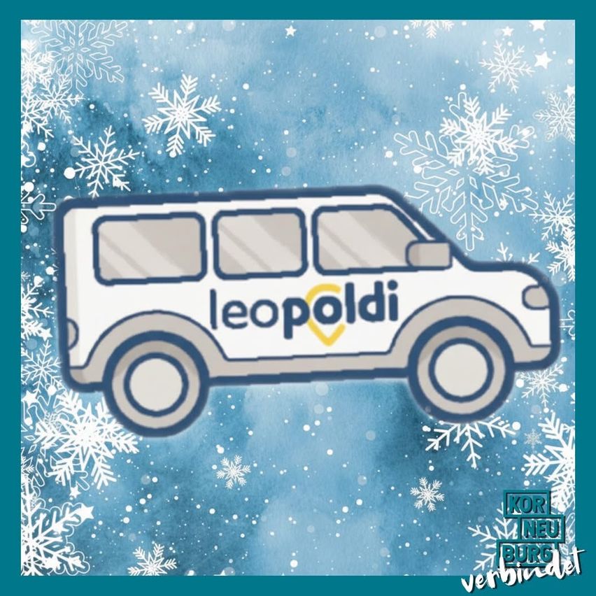 Illustration eines Vans namens Leopoldi in einer verschneiten Umgebung mit blauen Schneeflocken auf blauem Hintergrund.