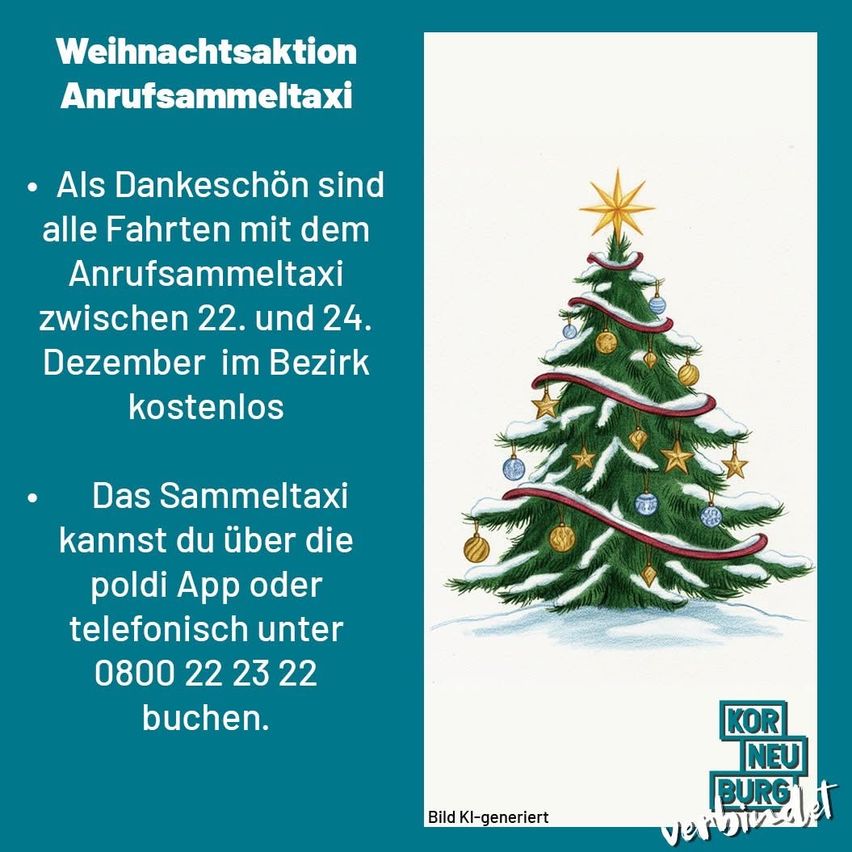 Weihnachtsaktion mit kostenlosem Anrufsammeltaxi zwischen dem 22. und 24. Dezember. Buchbar über die Poldi App oder telefonisch unter 0800 22 23 22.