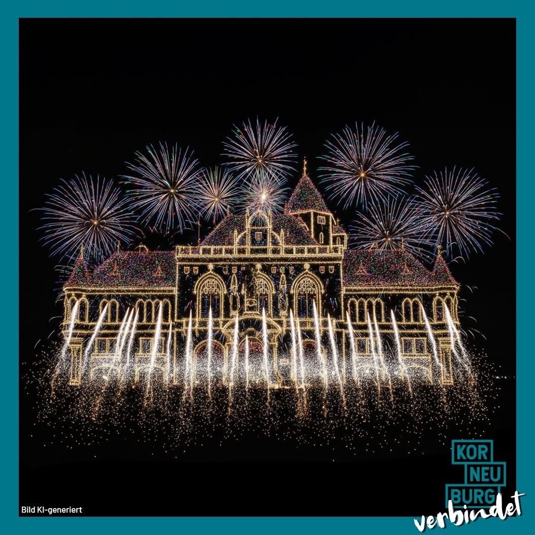Ein Gebäude mit Lichtern und Feuerwerken am Nachthimmel. Das Gebäude hat ein kuppelförmiges Dach und einen Turm. Es ist von Wasser mit Springbrunnen umgeben. Das Bild hat einen Wasserzeichen, der 'KOR NEU BURG verbindet' lautet.