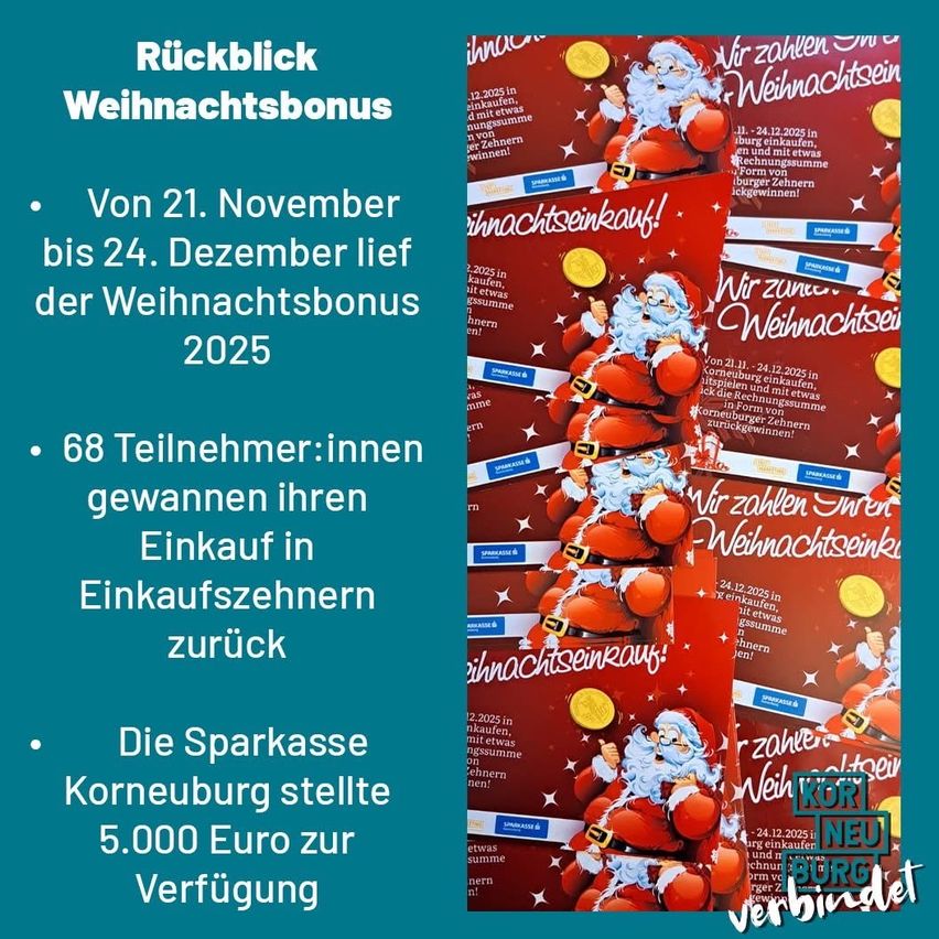 Plakat zur Werbung für einen Weihnachtsbonus. Vom 21. November bis 24. Dezember gewinnen 68 Teilnehmer ihren Einkauf in Einkaufsgutscheinen zurück. Die Sparkasse Kornburg hat 5.000 Euro zur Verfügung gestellt.