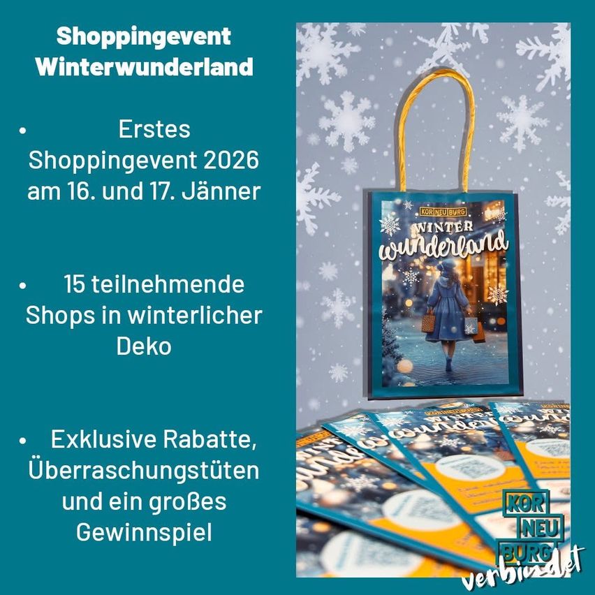 Ein Werbeplakat für eine Shopping-Veranstaltung namens Winterwunderland im Jahr 2026 am 16. und 17. Januar. Es zeigt eine Tasche mit einer Winterszene und bietet exklusive Rabatte, Überraschungsgeschenke und ein großes Gewinnspiel.
