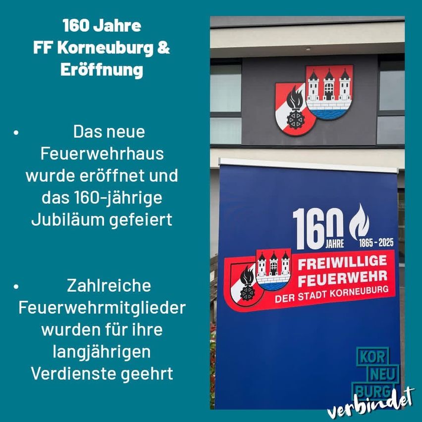Das Bild feiert das 160-jährige Jubiläum der Freiwilligen Feuerwehr Korneuburg. Ein neues Feuerwehrhaus wurde eröffnet, und viele Feuerwehrleute wurden für ihren langjährigen Dienst geehrt. Der Text ist hauptsächlich auf Deutsch und enthält historische Daten und ein Logo.