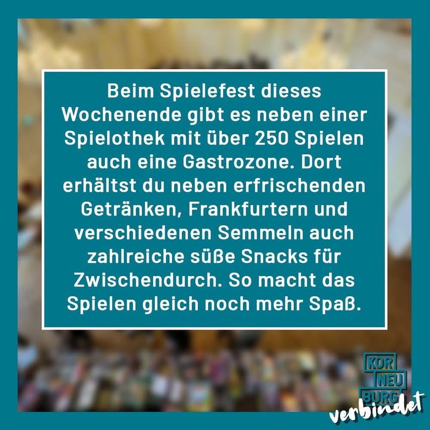 Am Wochenende des Spielfestivals gibt es eine Spielebibliothek mit über 250 Spielen und eine Gastronomiezone. Erfrischende Getränke, Frankfurter und verschiedene Gebäcke stehen für Pausen zur Verfügung. So macht Spielen noch mehr Spaß.