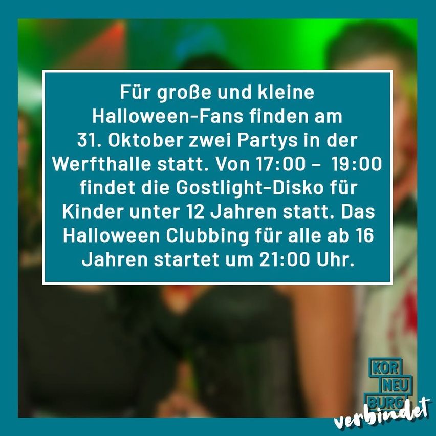 Am 31. Oktober finden im Werfthalle zwei Halloween-Partys statt. Von 17:00 bis 19:00 Uhr findet die Ghostlight-Disco für Kinder unter 12 Jahren statt. Das Halloween Clubbing für alle ab 16 Jahren beginnt um 21:00 Uhr.