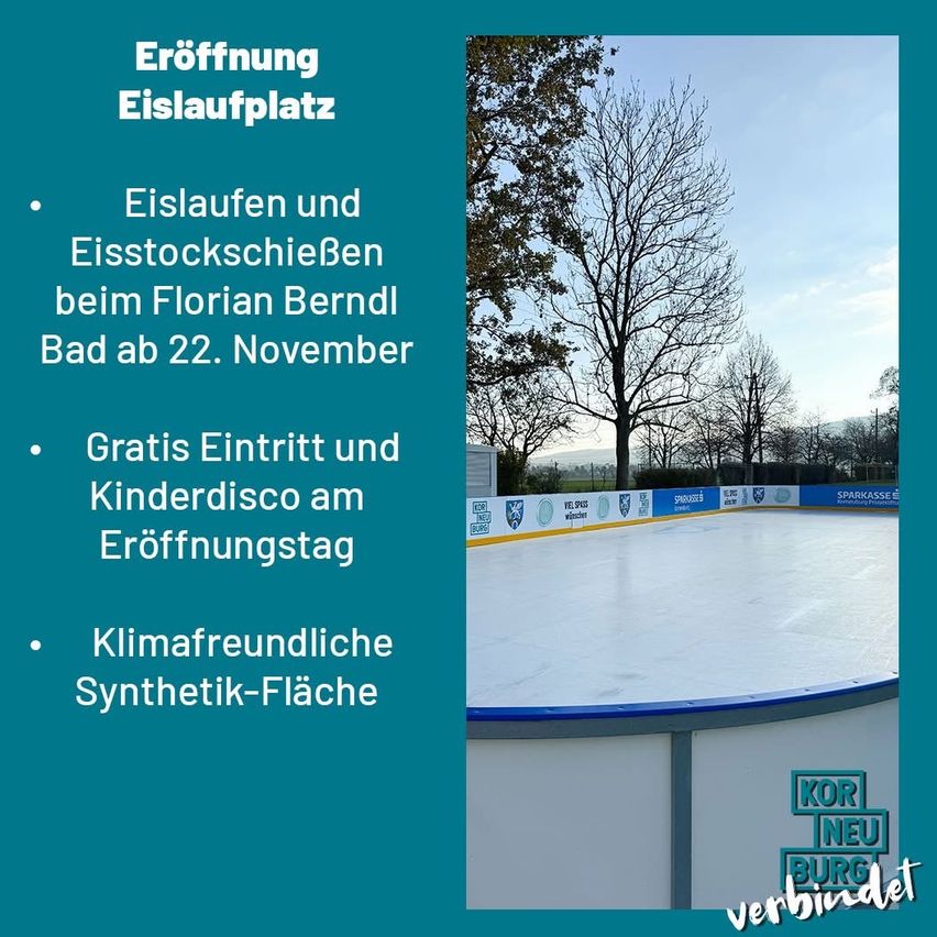 Eine Werbung für die Eröffnung einer Eislaufbahn. Sie öffnet am 22. November. Es gibt freien Eintritt und eine Kinderdisco am Eröffnungstag. Die Bahn hat eine klimafreundliche synthetische Oberfläche.