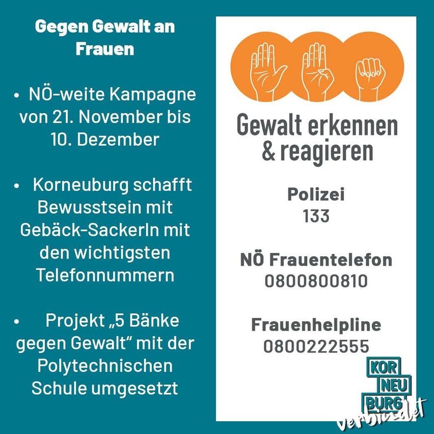 Ein Plakat über eine Kampagne gegen Gewalt an Frauen. Es hebt Aufklärungsaktivitäten, eine Hilfstelefonnummer und ein Projekt mit einer Schule hervor. Das Plakat hat einen türkisfarbenen Hintergrund und zeigt Hände in einer Gebärdensprache-Geste.