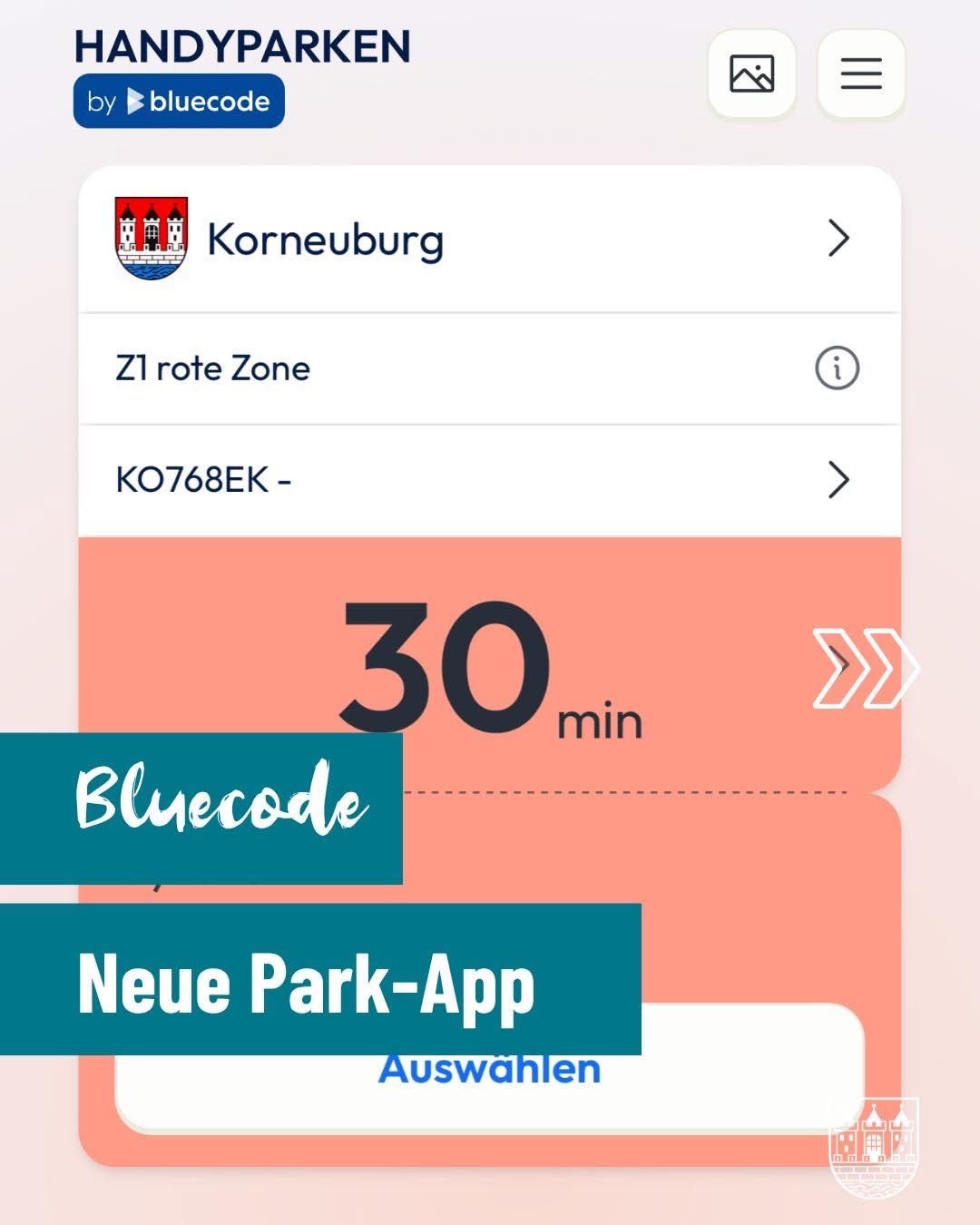 A screenshot of a smartphone app interface for parking management. It shows a map with a red zone and a parking permit number. The app features a Bluecode button, a countdown of 30 minutes, and a selection option at the bottom.