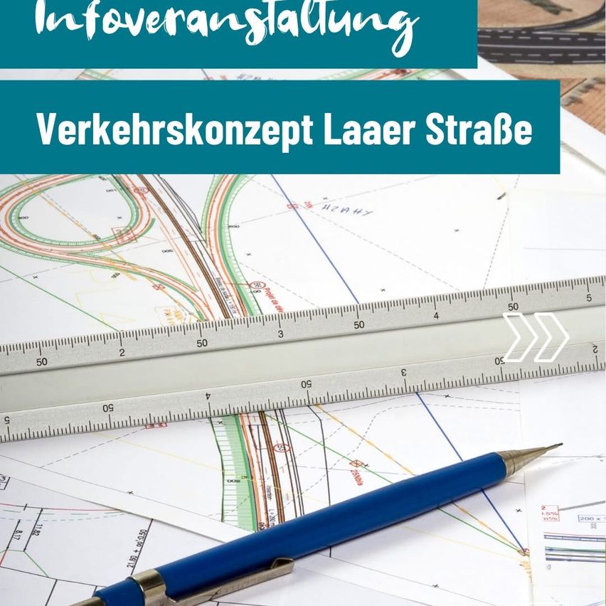 An informational presentation about the traffic concept for Laaer Strasse, featuring a ruler and a pen on top of a map. The ruler has markings up to 50 and beyond, indicating measurements. A map is visible beneath the ruler, showing lines and curves. The presentation also includes a title that reads 'Information' and 'Traffic Concept Laaer Strasse'.