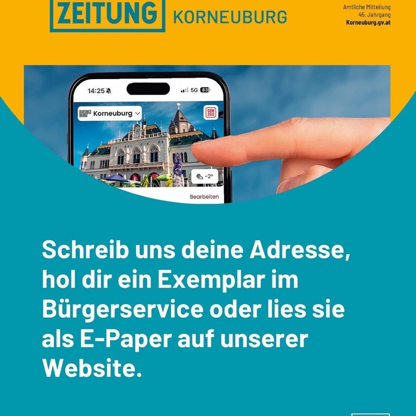 Zeitung Korneuburg advertisement shows a phone displaying a photo of a historic building. It offers options to send your address, request a physical copy, or read as an e-paper on their website.