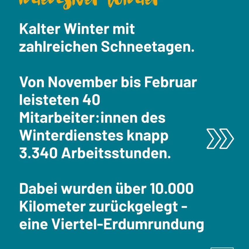 Ein kalter Winter mit zahlreichen Schneetagen. Von November bis Februar arbeiteten 40 Mitarbeiter des Winterdienstes insgesamt 3.340 Stunden. Sie legten über 10.000 Kilometer zurück - ein Viertel der Erdumrundung.