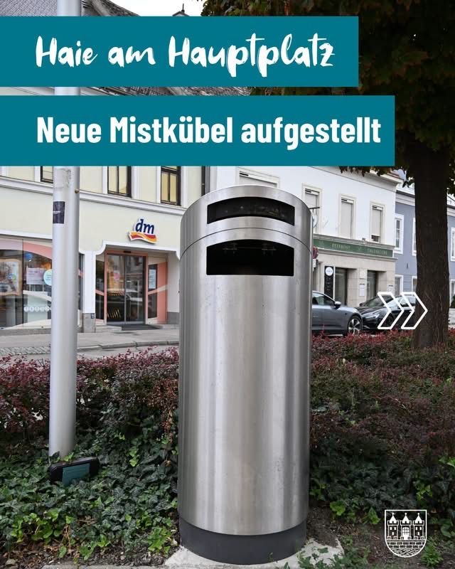 Ein Edelstahl-Mülleimer steht am Straßenrand mit einem Schild, das 'Haie am Hauptplatz Neue Mistkübel aufgestellt' besagt. Dahinter befindet sich ein Gebäude mit einem 'dm'-Schild und ein geparktes Auto davor.