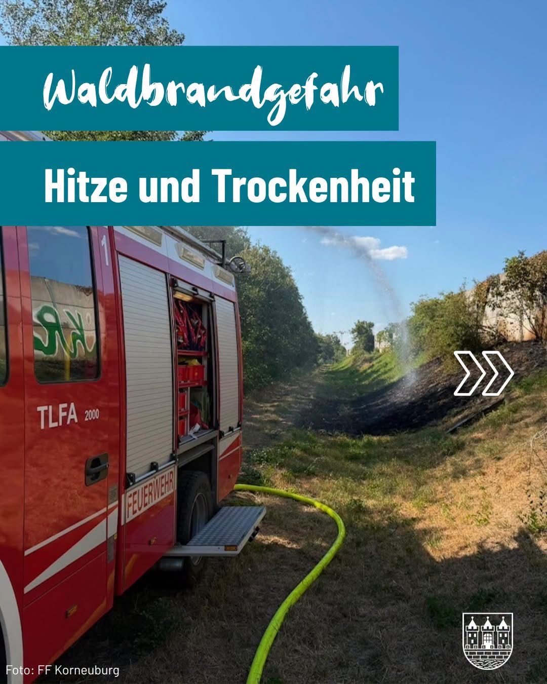 Ein roter Feuerwehrwagen mit der Nummer 2000 steht auf einem Grasfeld. Die Tür des Wagens ist geöffnet, und ein Schlauch ist angeschlossen. Im Hintergrund befindet sich ein verbrannter Bereich mit Bäumen und einem klaren blauen Himmel.
