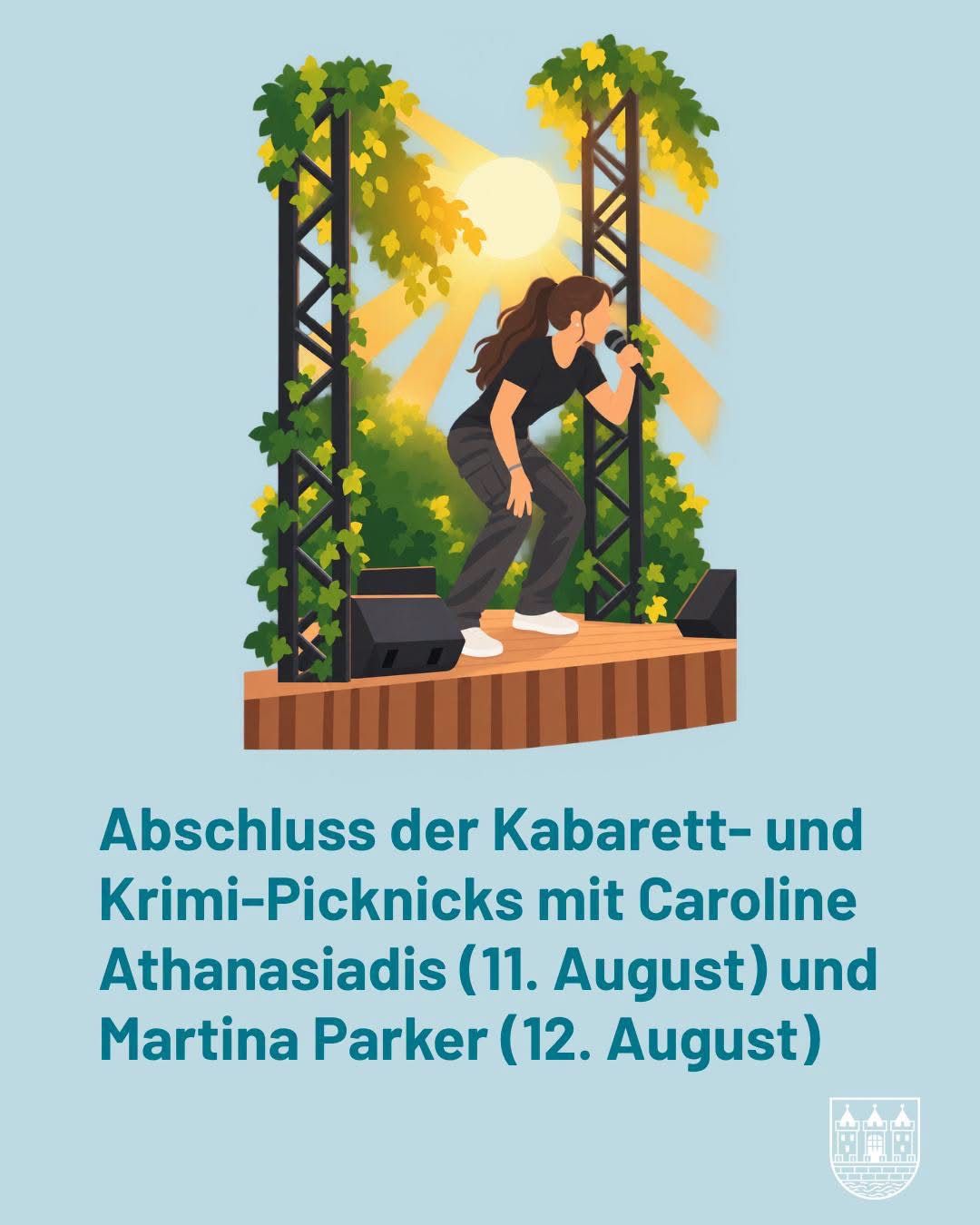 Eine Illustration einer Frau, die auf einer Bühne mit einem Mikrofon singt, umgeben von Grünpflanzen und Lautsprechern, mit einer hellen Sonne im Hintergrund.